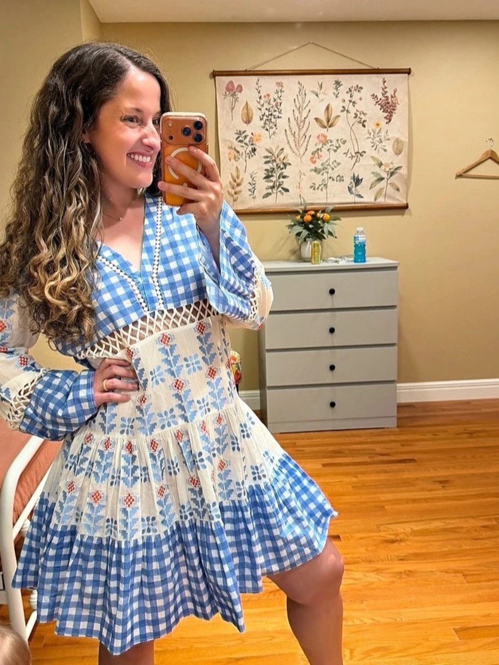 Tuckernuck Bindu Cotton Gingham Embroidered Mini Dress in Blue & White Size L